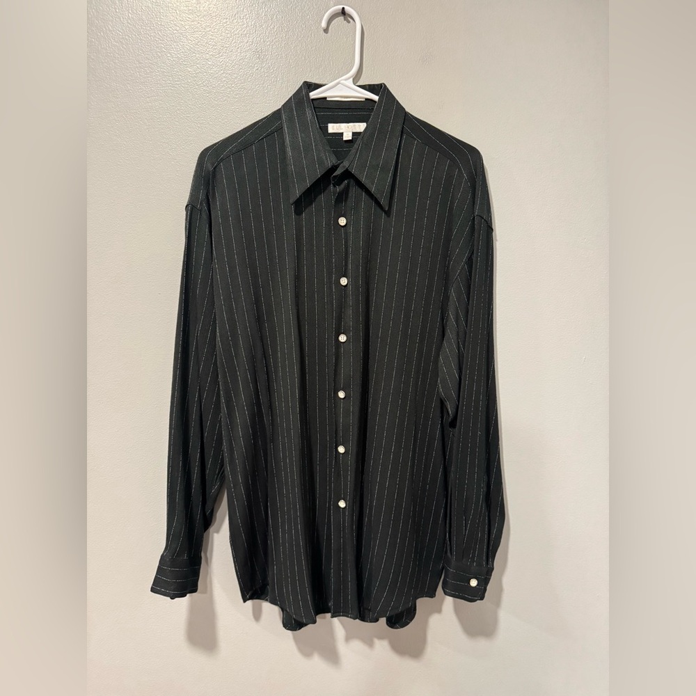 ELLIOTT Button Down Pinstripe Shirt in Black and White Stripe Size Medium